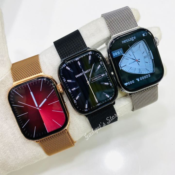 Watch 9 Max Smartwatch available in Black, Silver, and Rose Gold with stainless steel body and metal magnetic straps