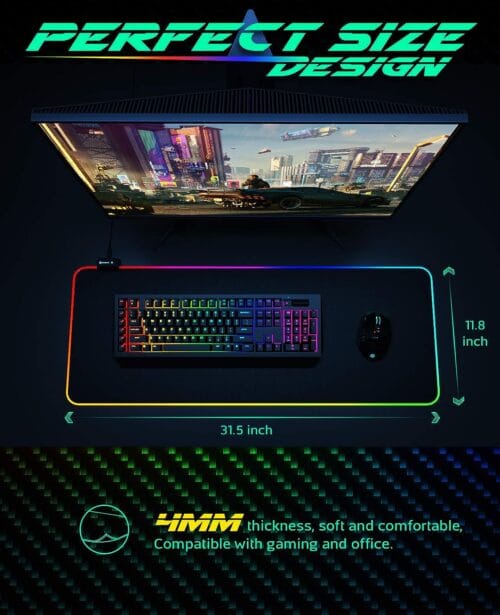 Spot RGB Mouse Pad XL with soft surface, large extended size, and 14 LED lighting modes